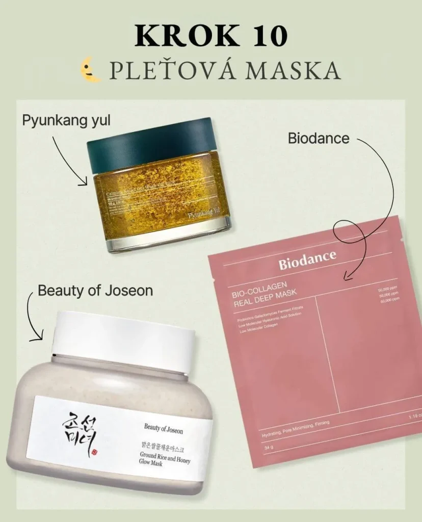 Krok 10 korejské péče: (Večerní) Pleťová maska. Na mátovém pozadí masky: Pyunkang Yul Calming Relief, Beauty of Joseon Ground Rice and Honey a kolagenová maska Biodance.