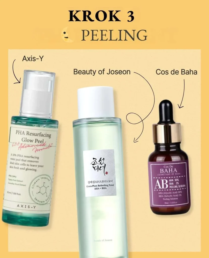 Krok 3 korejské péče: (Večerní) Peeling. Na žlutém pozadí exfoliační produkty: Axis-Y PHA Resurfacing Glow Peel, Beauty of Joseon Green Plum Toner a Cos De Baha AHA BHA sérum.