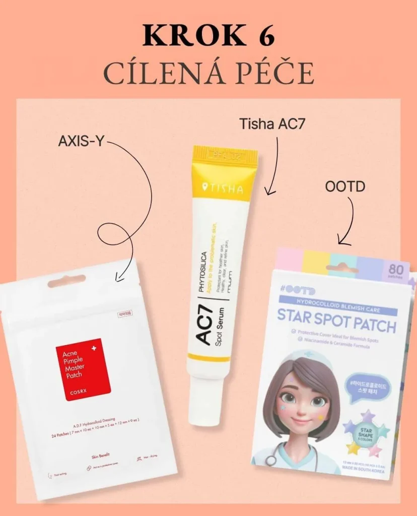Krok 6 korejské péče: Lokální péče. Na brzoskvovém pozadí produkty pro cílené ošetření pleti: náplasti Axis-Y, sérum Tisha AC7 a hvězdičkové náplasti OOTD.