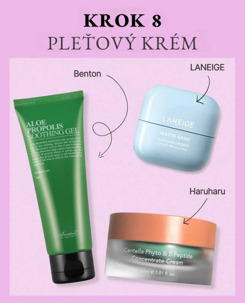 Krok 8 korejské péče: Pleťový krém. Na fialovém pozadí hydratační krémy: Benton Aloe Propolis Gel, Laneige Water Bank a Haruharu Wonder Centella Phyto krém.