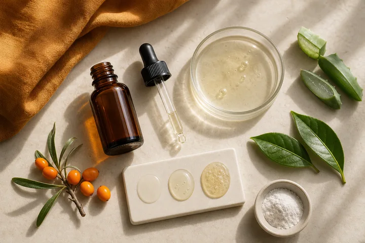 Anonymní jantarová lahvička na sérum, pipeta a vzorky textur s antioxidačními ingrediencemi