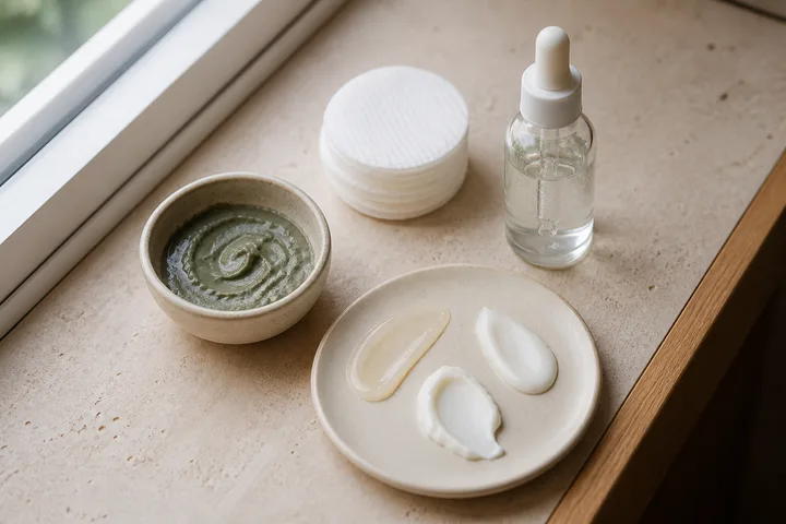 Anonymous serum bottle, toner pads, clay paste and cream texture swatches for pore care